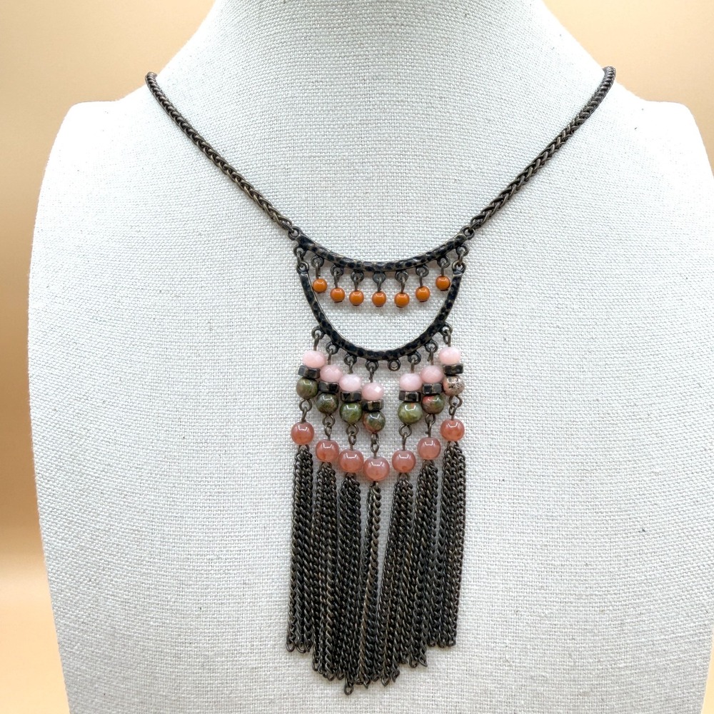 Boho Beaded Chain Fringe Bib Necklace Pink Green Orange Tribal Statement Jewelry